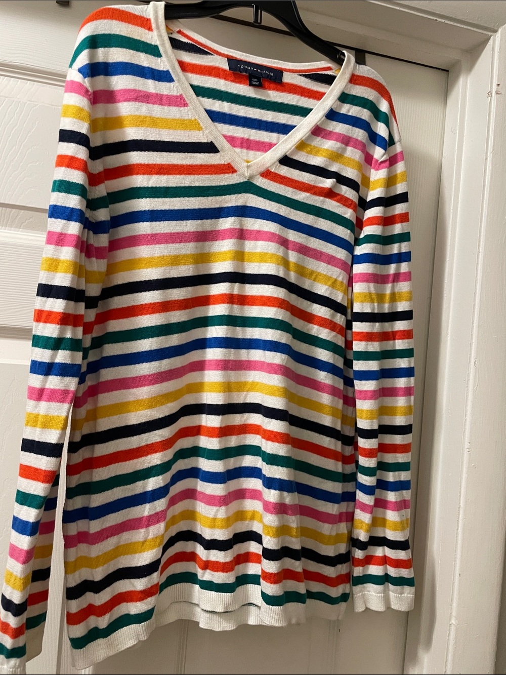 Tommy Hilfiger Girls' White V‑Neck Sweater with Multi Colored Stripes